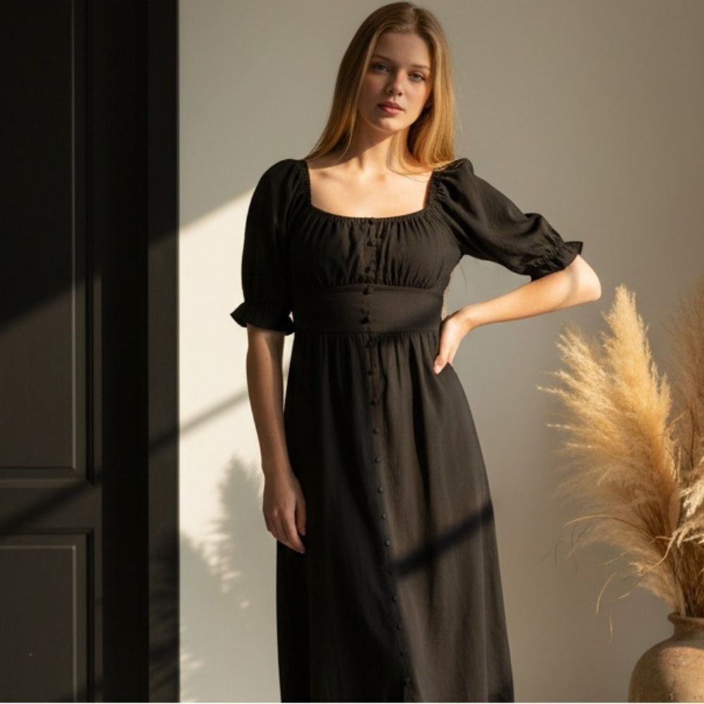 Nwt Women’s Black Puffy Short Sleeve Lined Midi Dress - Size 2xl